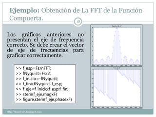 Ejemplo: Obtención de La FFT de la Función
  Compuerta.          18
                                                                       Magnitud de xF
                                         8




Los gráficos anteriores no
                                         7


                                         6

presentan el eje de frecuencia           5


correcto. Se debe crear el vector        4


de eje de frecuencias para               3



graficar correctamente.                  2


                                         1


                                         0


       >> f_esp=Fs/nFFT;
                                        -1000    -800   -600   -400   -200       0     200   400   600   800   1000
                                                                             Fase de xF
                                         0


       >> fNyquist=Fs/2;                 -5


       >> f_inicio=-fNyquist;           -10



       >> f_fin=fNyquist-f_esp;         -15



       >> f_eje=f_inicio:f_esp:f_fin;   -20




       >> stem(f_eje,magxF)
                                        -25




       >> figure,stem(f_eje,phasexF)
                                        -30


                                        -35


                                        -40
                                         -1000   -800   -600   -400   -200       0     200   400   600   800   1000


http://lonely113.blogspot.com
 