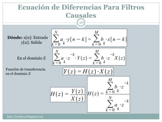 Ecuación de Diferencias Para Filtros
                     Causales
                                20



Dónde: x[n]: Entrada
     y[n]: Salida


        En el dominio Z

Función de transferencia
en el dominio Z




http://lonely113.blogspot.com
 