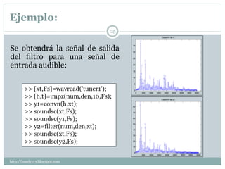 Ejemplo:
                                    25
                                                                      Espectro de xt




Se obtendrá la señal de salida
                                         35


                                         30


del filtro para una señal de             25



entrada audible:                         20


                                         15


                                         10


                                         5


        >> [xt,Fs]=wavread('tuner1');    0
                                              0   500   1000   1500     2000     2500    3000    3500    4000

        >> [h,t]=impz(num,den,10,Fs);                                 Espectro de y2

        >> y1=convn(h,xt);               80


        >> soundsc(xt,Fs);               70


        >> soundsc(y1,Fs);               60



        >> y2=filter(num,den,xt);
                                         50

                                         40

        >> soundsc(xt,Fs);               30


        >> soundsc(y2,Fs);               20

                                         10

                                         0
                                                  500   1000   1500      2000     2500    3000    3500    4000


http://lonely113.blogspot.com
 