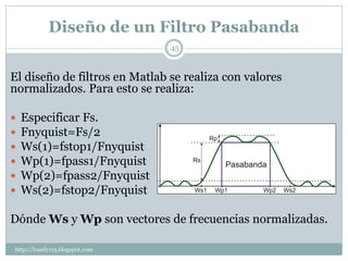 Diseño de un Filtro Pasabanda
                                45


El diseño de filtros en Matlab se realiza con valores
normalizados. Para esto se realiza:

   Especificar Fs.
   Fnyquist=Fs/2
   Ws(1)=fstop1/Fnyquist
   Wp(1)=fpass1/Fnyquist
   Wp(2)=fpass2/Fnyquist
   Ws(2)=fstop2/Fnyquist

Dónde Ws y Wp son vectores de frecuencias normalizadas.

http://lonely113.blogspot.com
 