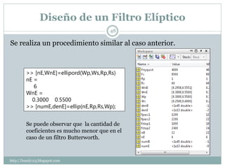 Diseño de un Filtro Elíptico
                                         48

Se realiza un procedimiento similar al caso anterior.



         >> [nE,WnE]=ellipord(Wp,Ws,Rp,Rs)
         nE =
            6
         WnE =
           0.3000 0.5500
         >> [numE,denE]=ellip(nE,Rp,Rs,Wp);


         Se puede observar que la cantidad de
         coeficientes es mucho menor que en el
         caso de un filtro Butterworth.



http://lonely113.blogspot.com
 