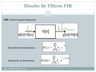 Diseño de Filtros FIR
                                    52


FIR: Finite Impulse Response.




     Función de transferencia:




     Respuesta en frecuencia:


http://lonely113.blogspot.com
 