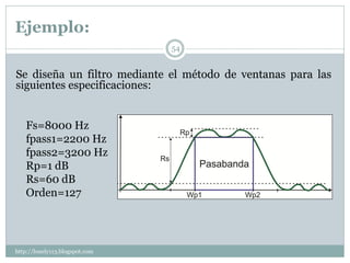 Ejemplo:
                                54


Se diseña un filtro mediante el método de ventanas para las
siguientes especificaciones:


    Fs=8000 Hz
    fpass1=2200 Hz
    fpass2=3200 Hz
    Rp=1 dB
    Rs=60 dB
    Orden=127




http://lonely113.blogspot.com
 