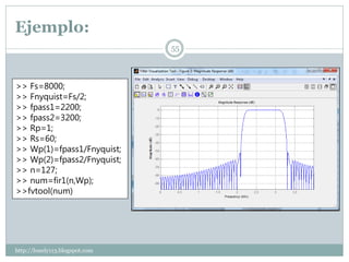 Ejemplo:
                                55



>> Fs=8000;
>> Fnyquist=Fs/2;
>> fpass1=2200;
>> fpass2=3200;
>> Rp=1;
>> Rs=60;
>> Wp(1)=fpass1/Fnyquist;
>> Wp(2)=fpass2/Fnyquist;
>> n=127;
>> num=fir1(n,Wp);
>>fvtool(num)




http://lonely113.blogspot.com
 
