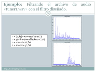 Ejemplo: Filtrando el archivo                                                                   de                   audio
«tuner1.wav» con el filtro diseñado.
                                            60
                                                                              Espectro de xt



                                                 35


                                                 30


                                                 25


                                                 20


                                                 15


                                                 10



          >> [xt,Fs]=wavread('tuner1');          5



          >> yt=filter(numBlackman,1,xt);        0
                                                      0   500   1000   1500     2000     2500   3000   3500   4000


          >> soundsc(xt,Fs)                                                   Espectro de yt



          >> soundsc(yt,Fs)                      6


                                                 5


                                                 4


                                                 3


                                                 2


                                                 1


                                                 0
                                                          500   1000   1500      2000    2500   3000   3500   4000


http://lonely113.blogspot.com
 