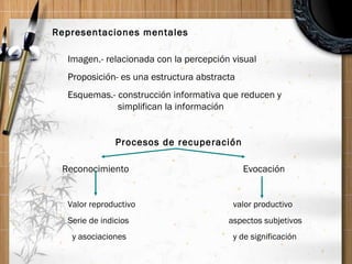 Representaciones mentales Imagen.- relacionada con la percepción visual Proposición- es una estructura abstracta  Esquemas.- construcción informativa que reducen y    simplifican la información Procesos de recuperación Reconocimiento   Evocación Valor reproductivo    valor productivo Serie de indicios    aspectos subjetivos   y asociaciones   y de significación 