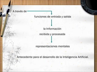A través de funciones de entrada y salida la Información  recibida y procesada  representaciones mentales Antecedente para el desarrollo de la Inteligencia Artificial. 