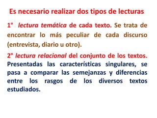 1° lectura temática de cada texto. Se trata de
encontrar lo más peculiar de cada discurso
(entrevista, diario u otro).
2° lectura relacional del conjunto de los textos.
Presentadas las características singulares, se
pasa a comparar las semejanzas y diferencias
entre los rasgos de los diversos textos
estudiados.
Es necesario realizar dos tipos de lecturas
 
