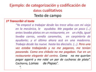 Ejemplo: de categorización y codificación de
datos cualitativos
Texto de campo
1º Transcribir el texto
“Yo empecé a trabajar desde los trece años con mi viejo
en la mecánica, le ayudaba. Me pagaba un poco (…)
antes lavaba platos en un restaurante, en un chifa, igual
lavaba carros, vendía caramelos, en carpintería de
ayudante; y el último ahora acá en una maderera.
Trabajo desde los nueve hasta los dieciséis. (…). Pero una
vez estaba trabajando y no me pagaron, me tenían
paseando. Como era chibolo no me pagaban. Fue en un
restaurante elegante del centro. Como no me querían
pagar agarré y me robé un par de cucharas de plata”.
Cachorro, Lomas de Pepao”.
”.
 