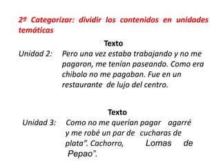 Texto
Unidad 3: Como no me querían pagar agarré
y me robé un par de cucharas de
plata”. Cachorro, Lomas de
Pepao”.
2º Categorizar: dividir los contenidos en unidades
temáticas
Texto
Unidad 2: Pero una vez estaba trabajando y no me
pagaron, me tenían paseando. Como era
chibolo no me pagaban. Fue en un
restaurante de lujo del centro.
 