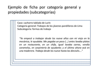 Ejemplo de ficha por categoría general y
propiedades (subcategorías)
Caso: cachorro tablada de Lurín
Categoría general: Trabajos de los jóvenes pandilleros de Lima
Subcategoría: formas de trabajo
“Yo empecé a trabajar desde los nueve años con mi viejo en la
mecánica, le ayudaba. Me pagaba un poco (…) antes lavaba platos
en un restaurante, en un chifa, igual lavaba carros, vendía
caramelos, en carpintería de ayudante; y el último ahora acá en
una maderera. Trabajo desde los nueve hasta los dieciséis….”
 