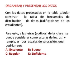 Con los datos procesados en la tabla tabular
construir la tabla de frecuencias de
distribución de datos (calificaciones de los
estudiantes).
Para esto, a las letras (codigos) de la clase se
puede considerar como escalas de logros, y
remplazar por escalas de valoración, que
podrían ser:
A: Excelente B: Bueno
C: Regular D: Deficiente
ORGANIZAR Y PRESENTAR LOS DATOS
 