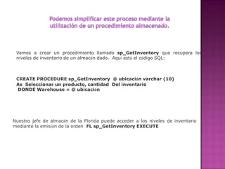 La reutilización eficiente de código de programación y la abstracción.  Los procedimientos almacenados pueden ser utilizados por múltiples usuarios y los programas cliente.  Si usted utiliza de una manera planificada, que encontrarás en el ciclo de desarrollo toma menos tiempo. Los controles de seguridad mejorada.  Puede conceder permisos a los usuariospara ejecutar un procedimiento almacenado de forma independiente de los permisos de la tabla subyacente. Estructura Los procedimientos almacenados son muy similares a las construcciones visto en otros lenguajes de programación.  Ellos aceptan los datos en forma de parámetros de entrada que se especifican en tiempo de ejecución.  Estos parámetros de entrada (si se aplica) se utilizan en la ejecución de una serie de declaraciones que producen algún resultado. Este resultado se devuelve al medio ambiente llamada a través de la utilización de un conjunto de registros los parámetros de salida y un código de retorno.  