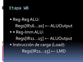 Etapa WB

 Reg-Reg ALU:
    Regs[IR16…20] ← ALUOutput
 • Reg-Imm ALU:
    Regs[IR11…15] ← ALUOutput
 Instrucción de carga (Load):
       Regs[IR11…15] ← LMD
 