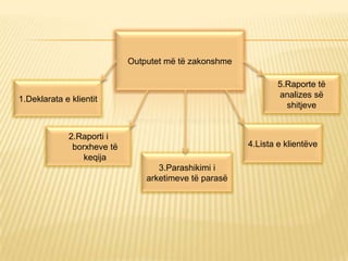 Outputet më të zakonshme
1.Deklarata e klientit
2.Raporti i
borxheve të
keqija
3.Parashikimi i
arketimeve të parasë
4.Lista e klientëve
5.Raporte të
analizes së
shitjeve
 