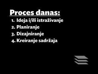 Proces danas:
1.	 Ideja i/ili istraživanje
2.	Planiranje
3.	Dizajniranje
4.	Kreiranje sadržaja
 