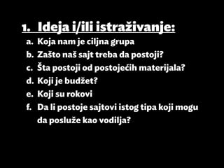 1.	 Ideja i/ili istraživanje:
a.	 Koja nam je ciljna grupa
b.	 Zašto naš sajt treba da postoji?
c.	 Šta postoji od postojećih materijala?
d.	 Koji je budžet?
e.	 Koji su rokovi
f.	 Da li postoje sajtovi istog tipa koji mogu
    da posluže kao vodilja?
 