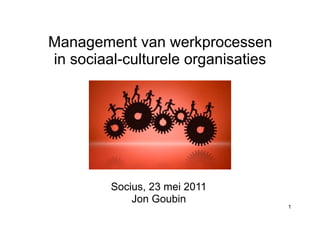 Management van werkprocessen
in sociaal-culturele organisaties




         Socius, 23 mei 2011
             Jon Goubin
                                    1




          Cursusoverzicht




                                    2
 