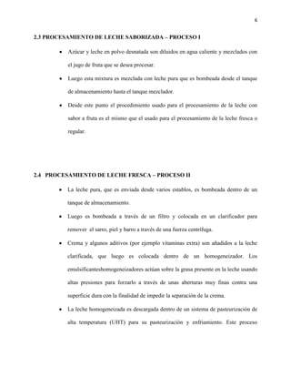 6


2.3 PROCESAMIENTO DE LECHE SABORIZADA – PROCESO I

          Azúcar y leche en polvo desnatada son diluidos en agua caliente y mezclados con

          el jugo de fruta que se desea procesar.

          Luego esta mixtura es mezclada con leche pura que es bombeada desde el tanque

          de almacenamiento hasta el tanque mezclador.

          Desde este punto el procedimiento usado para el procesamiento de la leche con

          sabor a fruta es el mismo que el usado para el procesamiento de la leche fresca o

          regular.




2.4 PROCESAMIENTO DE LECHE FRESCA – PROCESO II

         La leche pura, que es enviada desde varios establos, es bombeada dentro de un

         tanque de almacenamiento.

         Luego es bombeada a través de un filtro y colocada en un clarificador para

         remover el sarro, piel y barro a través de una fuerza centrífuga.

         Crema y algunos aditivos (por ejemplo vitaminas extra) son añadidos a la leche

         clarificada, que luego es colocada dentro de un homogeneizador. Los

         emulsificanteshomogeneizadores actúan sobre la grasa presente en la leche usando

         altas presiones para forzarlo a través de unas aberturas muy finas contra una

         superficie dura con la finalidad de impedir la separación de la crema.

         La leche homogeneizada es descargada dentro de un sistema de pasteurización de

         alta temperatura (UHT) para su pasteurización y enfriamiento. Este proceso
 