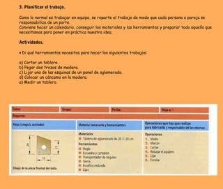 3. Planificar el trabajo.
Como lo normal es trabajar en equipo, se reparte el trabajo de modo que cada persona o pareja se
responsabiliza de un parte.
Conviene hacer un calendario, conseguir los materiales y las herramientas y preparar todo aquello que
necesitamos para poner en práctica nuestra idea.
Actividades.
• Di qué herramientas necesitas para hacer los siguientes trabajos:
a) Cortar un tablero.
b) Pegar dos trozos de madera.
c) Lijar una de las esquinas de un panel de aglomerado.
d) Colocar un cáncamo en la madera.
a) Medir un tablero.
 
