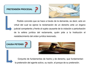 PRETENSIÓN PROCESAL
Pedido concreto que se hace a través de la demanda, es decir, acto en
virtud del cual se ejerce la reclamación de un derecho ante un órgano
judicial competente y frente al sujeto causante de la violación o perturbación
de la esfera jurídica del reclamante, quién pide a la Institución el
restablecimiento del orden jurídico lesionado.
CAUSA PETENDI
Conjunto de fundamentos de hecho y de derecho, que fundamentan
la pretensión del agente activo, su razón, el porque de su pretensión.
 