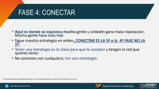 FASE 4: CONECTAR
• Aquí es donde se equivoca mucha gente y Linkedin gana mala reputacion.
Mucha gente hace esto mal.
• Sigue nuestra estrategia en orden. CONECTAR ES LA 3ª o la 4º FASE NO LA
1ª.
• Tener una estrategia es la clave para que te acepten y tengan la red que
quieres tener.
• No conectes con cualquiera, ten una estrategia.
Esta presentación es propiedad de Apasiona-T, esta prohibida cualquier copia sin consentimiento de la marca
 