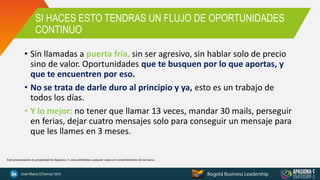 SI HACES ESTO TENDRAS UN FLUJO DE OPORTUNIDADES
CONTINUO
• Sin llamadas a puerta fría, sin ser agresivo, sin hablar solo de precio
sino de valor. Oportunidades que te busquen por lo que aportas, y
que te encuentren por eso.
• No se trata de darle duro al principio y ya, esto es un trabajo de
todos los días.
• Y lo mejor: no tener que llamar 13 veces, mandar 30 mails, perseguir
en ferias, dejar cuatro mensajes solo para conseguir un mensaje para
que les llames en 3 meses.
Esta presentación es propiedad de Apasiona-T, esta prohibida cualquier copia sin consentimiento de la marca
 