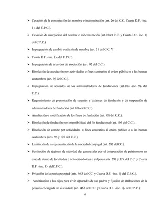 6
 Cesación de la contestación del nombre e indemnización (art. 26 del C.C. Cuarta D.F. -inc.
1)- del C.P.C.).
 Cesación de usurpación del nombre e indemnización (art.28del C.C. y Cuarta D.F. inc. 1)
del C.P.C.)
 Impugnación de cambio o adición de nombre (art. 31 del C.C. Y
 Cuarta D.F. -inc. 1)- del C.P.C.).
 Impugnación de acuerdos de asociación (art. 92 del C.C.).
 Disolución de asociación por actividades o fines contrarios al orden público o a las buenas
costumbres (art. 96 del C.C.).
 Impugnación de acuerdos de los administradores de fundaciones (art.104 -inc. 9)- del
C.C.).
 Requerimiento de presentación de cuentas y balances de fundación y de suspensión de
administradores de fundación (art.106 del C.C.).
 Ampliación o modificación de los fines de fundación (art. l08 del C.C.).
 Disolución de fundación por imposibilidad del fin fundacional (art. 109 del C.C.).
 Disolución de comité por actividades o fines contrarios al orden público o a las buenas
costumbres (arts. 96 y 120 riel C.C.).
 Limitación de a representación de la sociedad conyugal (art. 292 delCC.).
 Sustitución de régimen de sociedad de gananciales por el deseparación de patrimonios en
caso de abuso de facultados o actuacióndolosa o culposa (arts. 297 y 329 del C.C. y Cuarta
D.F. -inc. 1)- delC.P.C.).
 Privación de la patria potestad (arts. 463 del CC. y Cuarta D.F. -inc. 1)-del C.P.C.).
 Autorización a los hijos para vivir separados de sus padres y fijación de atribuciones de la
persona encargada de su cuidado (art. 465 del C.C. y Cuarta D.F. -inc. 1)- del C.P.C.).
 