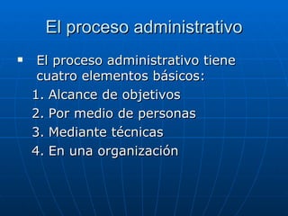 El proceso administrativo El proceso administrativo tiene cuatro elementos básicos: Alcance de objetivos Por medio de personas Mediante técnicas En una organización   