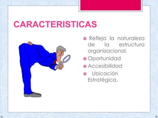 CARACTERISTICAS
 Refleja la naturaleza
de la estructura
organizacional.
 Oportunidad
 Accesibilidad
 Ubicación
Estratégica.
 