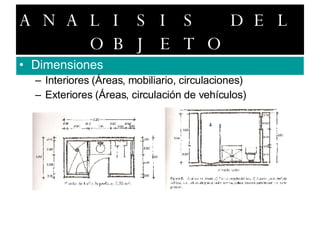 ANALISIS DEL OBJETO Dimensiones Interiores (Áreas, mobiliario, circulaciones) Exteriores (Áreas, circulación de vehículos) 