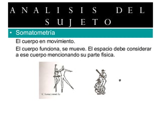ANALISIS DEL SUJETO Somatometría El cuerpo en movimiento. El cuerpo funciona, se mueve. El espacio debe considerar a ese cuerpo mencionando su parte física. 