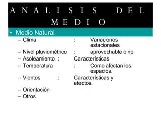 ANALISIS DEL MEDIO Medio Natural Clima : Variaciones  estacionales Nivel pluviométrico : aprovechable o no Asoleamiento : Características Temperatura : Como afectan los  espacios. Vientos : Características y  efectos. Orientación  Otros 