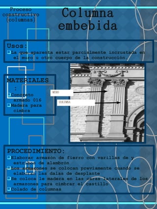 Proceso
constructivo
( )columnas
Usos:
qLa que aparenta estar parcialmente incrustada en
el muro u otro cuerpo de la construcción.
MATERIALES
:
qConcreto
armado 016
qMadera para
cimbra
Columna
embebida
PROCEDIMIENTO:
qElaborar armazón de fierro con varillas de y
estribos de alambrón
qLos armazones se colocan previamente cuando se
elaboran las dalas de desplante
qSe coloca le madera en las caras laterales de los
armazones para cimbrar el castillo
qColado de columnas
COLUMNA
MURO
 