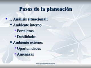 Pasos de la planeación 1.  Análisis situacional: Ambiente interno: Fortalezas Debilidades Ambiente externo: Oportunidades Amenazas www.auladeeconomia.com 