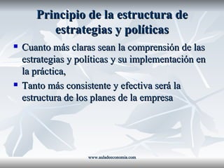 Principio de la estructura de estrategias y políticas Cuanto más claras sean la comprensión de las estrategias y políticas y su implementación en la práctica, Tanto más consistente y efectiva será la estructura de los planes de la empresa www.auladeeconomia.com 
