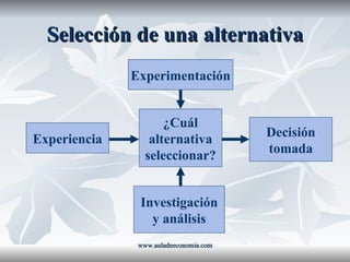 Selección de una alternativa www.auladeeconomia.com Experiencia Experimentación Investigación y análisis ¿Cuál alternativa seleccionar? Decisión tomada 