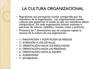 LA CULTURA ORGANIZACIONAL Representa una percepción común compartida por los miembros de la organización.  Las organizaciones tienen culturas que gobiernan el modo en que sus miembros deben comportarse.  En toda organización existen sistemas o patrones de valores, símbolos, rituales, mitos y prácticas. Presencia de 7 dimensiones que en conjunto captan la esencia de la cultura de una organización. 1.- INNOVACIÓN Y ACEPTACIÓN DE RIESGOS 2.- ATENCIÓN A LOS DETALLES. 3.- ORIENTACIÓN HACIA LOS RESULTADOS 4.- ORIENTACIÓN HACIA LAS PERSONAS 5.- ORIENTACIÓN HACIA EL EQUIPO 6.- AGRESIVIDAD 7.- ESTABILIDAD. 