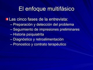 El enfoque multifásico Las cinco fases de la entrevista:  Preparación y detección del problema Seguimiento de impresiones preliminares Historia psiquiatrita Diagnóstico y retroalimentación Pronostico y contrato terapéutico  