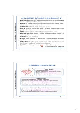 ACTIVIDADES EN UNA CONSULTA BIBLIOGRÁFICA (II)
                                    • EJEMPLIFICAR Mencionar casos o situaciones más o menos concretas que correspondan a una
                                      idea o a un caso más general. Ilustrar, mostrar.
METODOLOGÍA D ELA INVESTIGACIÓN I




                                    • EXPLICAR Dar cuenta de un hecho o situación relacionándolo con causas, finalidades, motivos,
                                      antecedentes, consecuencias, implicaciones, etc.
                                    • HISTORIZAR Trazar la reseña histórica de la evolución de una idea.
                                    • INDUCIR Extraer una conclusión más general y de carácter probable a partir de casos
                                      particulares. Generalizar.
                                    • OPINAR Formular un juicio sin fundamentarlo rigurosamente. Conjeturar, suponer.
                                    • PROBLEMATIZAR Formular preguntas o problemas, más allá de si en el texto se ofrecen o no
                                      respuestas o soluciones.
                                    • REFERIR Remitir a otra parte del texto.
                                    • RESUMIR Abreviar un texto en sus ideas principales y respetando el orden de la exposición
                                      original.
                                    • SINTETIZAR Puede significar resumir o concluir, según se trate, respectivamente, de una
                                      síntesis analítica o de una síntesis dialéctica. Ver Resumir y Concluir.
                                    • SUGERIR Instar al lector a que piense o haga determinada cosa. Convencer, persuadir.
                                                                                                     La Investigación Bibliográfica. Pablo Cazau

                                    GEB                                                                                                31




                                                             EL PROBLEMA DE INVESTIGACIÓN

                                                                                                     ¿CÓMO SURGEN?
METODOLOGÍA D ELA INVESTIGACIÓN I




                                                                               Lagunas en el conocimiento,
                                                PROBLEMAS                      Aparentes contradicciones en investigaciones ya realizadas,
                                                PROBLEMAS
                                                                               Experiencia profesional,
                                                                               Estudios críticos en sistémica e informática, etc.
                                                                               Observación de hechos en la realidad


                                                                                ¿CÓMO PROCEDER?
                                             Distinguir entre área problemática y delimitación de un problema
                                             Especificar lo que se ha de investigar y restringir el campo de estudio a una pregunta
                                          concreta
                                             Formular correctamente (suficientemente concreta y clara ) el problema
                                             El investigador que no sabe lo que está buscando, no comprenderá lo que encuentra.



                                                               Deben plantearse los siguientes interrogantes:
                                           ¿ Es este un problema realmente importante ?
                                           ¿ Supondrá esta investigación algo importante ?
                                           ¿ Será interesante y tendrá alguna utilidad inmediata el resultado de la investigación ?




                                    GEB                                                                                                32




                                                                                                                                                   16
 