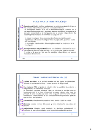 OTROS TIPOS DE INVESTIGACIÓN (I)

                                     Experimental Analiza el efecto producido por la acción o manipulación de una o
                                     más variables independientes sobre una o varias dependientes .
METODOLOGÍA D ELA INVESTIGACIÓN I




                                     s la investigación científica en la cual el observador manipula y controla una o
                                     más variables independientes y observa la variable dependiente en busca de la
                                     alteración concomitante a la manipulación de la variable independiente. Su
                                     propósito principal consiste en determinar lo que puede ser.

                                          En ellos el investigador desea comprobar los efectos de una intervención
                                          específica (en este caso el investigador tiene un papel activo, pues lleva a cabo
                                          una intervención).
                                          En los estudios experimentales el investigador manipula las condiciones de la
                                          investigación.

                                     No experimental (ex-post-facto) sirve para establecer relaciones de causa-
                                     efecto para hechos que hayan ocurrido y los factores que lo hayan ocasionado.
                                     Es similar a la anterior, sólo que las variables independientes no pueden
                                     manipularse directamente.

                                    GEB                                                                             15




                                                      OTROS TIPOS DE INVESTIGACIÓN (II)

                                     Estudio de casos: es el estudio detallado de una unidad de observación,
                                     teniendo en cuenta características y comportamiento de dicha unidad.
METODOLOGÍA D ELA INVESTIGACIÓN I




                                     Correlacional: Mide el grado de relación entre las variables (dependiente e
                                     independiente) de la Población estudiada
                                     El investigador pretende visualizar cómo se relacionan o vinculan diversos
                                     fenómenos entre sí, o si por el contrario no existe relación entre ellos. Lo
                                     principal de estos estudios es saber cómo se puede comportar una variable
                                     conociendo el comportamiento de otra variable relacionada (evalúan el grado de
                                     relación entre dos variables).

                                     Documental: Analiza información escrita sobre el tema Objeto de Estudio

                                     Histórica: Analiza eventos del pasado y busca relacionarlos con otros del
                                     presente
                                     Longitudinal: Compara datos obtenidos en diferentes oportunidades o
                                     momentos de una misma población con el propósito de evaluar los cambios

                                    GEB                                                                             16




                                                                                                                              8
 