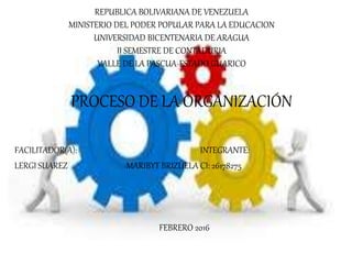REPUBLICA BOLIVARIANA DE VENEZUELA
MINISTERIO DEL PODER POPULAR PARA LA EDUCACION
UNIVERSIDAD BICENTENARIA DE ARAGUA
II SEMESTRE DE CONTADURIA
VALLE DE LA PASCUA-ESTADO GUARICO
PROCESO DE LA ORGANIZACIÓN
FACILITADOR(A): INTEGRANTE:
LERGI SUAREZ MARIBYT BRIZUELA CI: 26178275
FEBRERO 2016
 