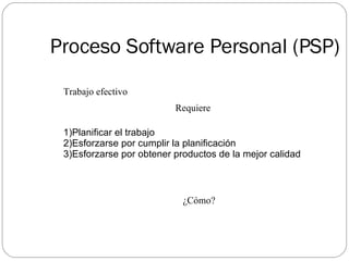 Proceso Software Personal (PSP) Trabajo efectivo Requiere 1)Planificar el trabajo 2)Esforzarse por cumplir la planificaci ón 3)Esforzarse por obtener productos de la mejor calidad   ¿Cómo? 
