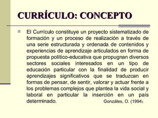 CURRÍCULO: CONCEPTO El Currículo constituye un proyecto sistematizado de formación y un proceso de realización a través de una serie estructurada y ordenada de contenidos y experiencias de aprendizaje articulados en forma de propuesta político-educativa que propugnan diversos sectores sociales interesados en un tipo de educación particular con la finalidad de producir aprendizajes significativos que se traduzcan en formas de pensar, de sentir, valorar y actuar frente a los problemas complejos que plantea la vida social y laboral en particular la inserción en un país determinado.  Gonzáles, O. (1994 ):  
