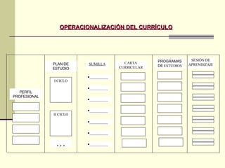OPERACIONALIZACIÓN DEL CURRÍCULO PERFIL PROFESIONAL PLAN DE ESTUDIO I CICLO II CICLO . . . PROGRAMAS DE  ESTUDIOS SUMILLA __________ __________ __________ __________ CARTA CURRICULAR __________ __________ __________ SESIÓN DE APRENDIZAJE 