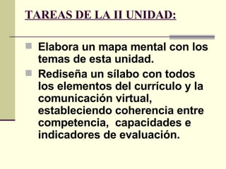 TAREAS DE LA II UNIDAD: Elabora un mapa mental con los temas de esta unidad. Rediseña un sílabo con todos los elementos del currículo y la comunicación virtual, estableciendo coherencia entre competencia,  capacidades e indicadores de evaluación. 
