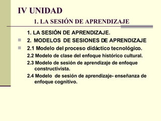 IV UNIDAD 1. LA SESIÓN DE APRENDIZAJE   1. LA SESIÓN DE APRENDIZAJE. 2. MODELOS  DE SESIONES DE APRENDIZAJE 2.1 Modelo del proceso didáctico tecnológico. 2.2 Modelo de clase del enfoque histórico cultural. 2.3 Modelo de sesión de aprendizaje de enfoque constructivista. 2.4 Modelo  de sesión de aprendizaje- enseñanza de enfoque cognitivo. 