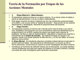 Teoría de la Formación por Etapas de las Acciones Mentales   3. Etapa Material o  Materializada.- El estudiante realiza la tarea en un plano externo. Va a actuar sobre el objeto o sobre la representación y se da un plano materializado. Esta etapa requiere de apoyo material que son los contenidos proporcionados en la BOA, y se conoce como la "tarjeta de estudio".  Esta acción es de carácter dependiente y desplegado. Necesita el asesoramiento del docente. 4. Etapa Verbal.- El estudiante expresa en forma oral o escrita cómo hizo la tarea y por qué lo hizo. Establece comunicación con sus compañeros sobre los elementos que le proporcionaron en la BOA, explica los pasos que siguió para resolver el problema. Se lleva a cabo la realimentación, regulación y reajuste de acuerdo a indicadores de la  tarjeta de estudio .  Se realiza el trabajo en equipo o en parejas, donde uno puede detectar la falla del otro, y si los dos fallan, el control debe ser para ambos. 5. Etapa Mental .- El estudiante adquiere completa independencia al ejecutar la acción sobre el objeto.  Se reproduce la interiorización. La acción se da en forma abreviada, comprimida se supera la acción desplegada del plano externo. Constituye el momento de reflexión teórica por el estudiante, se puede plantear nuevos problemas que éste sea capaz de resolver en el plano mental u orientar una tarea de corte investigativo para resolverlo extraclase. 