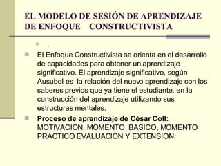 EL MODELO DE SESIÓN DE APRENDIZAJE DE ENFOQUE  CONSTRUCTIVISTA . El Enfoque Constructivista se orienta en el desarrollo de capacidades para obtener un aprendizaje significativo. El aprendizaje significativo, según Ausubel es  la relación del nuevo aprendizaje con los saberes previos que ya tiene el estudiante, en la construcción del aprendizaje utilizando sus estructuras mentales.  Proceso de aprendizaje de César Coll:  MOTIVACION, MOMENTO  BASICO, MOMENTO PRACTICO EVALUACION Y EXTENSION: 