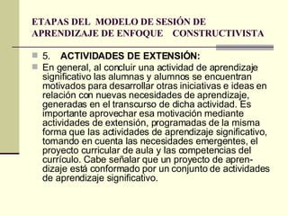 ETAPAS DEL  MODELO DE SESIÓN DE APRENDIZAJE DE ENFOQUE  CONSTRUCTIVISTA 5. ACTIVIDADES DE EXTENSIÓN: En general, al concluir una actividad de aprendizaje significativo las alumnas y alumnos se encuentran motivados para desarrollar otras iniciativas e ideas en relación con nuevas necesidades de aprendizaje, generadas en el transcurso de dicha actividad. Es importante aprovechar esa motivación mediante actividades de extensión, programadas de la misma forma que las actividades de aprendizaje significativo, tomando en cuenta las necesidades emergentes, el proyecto curricular de aula y las competencias del currículo. Cabe señalar que un proyecto de apren­dizaje está conformado por un conjunto de actividades de aprendizaje significativo.   